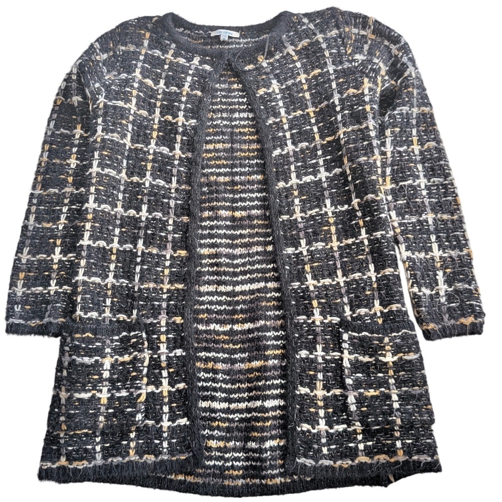 COCOBLEU Blk Plaid Wool‎ Blend Tweed Cardigan Sweater MED Pockets Office Preppy